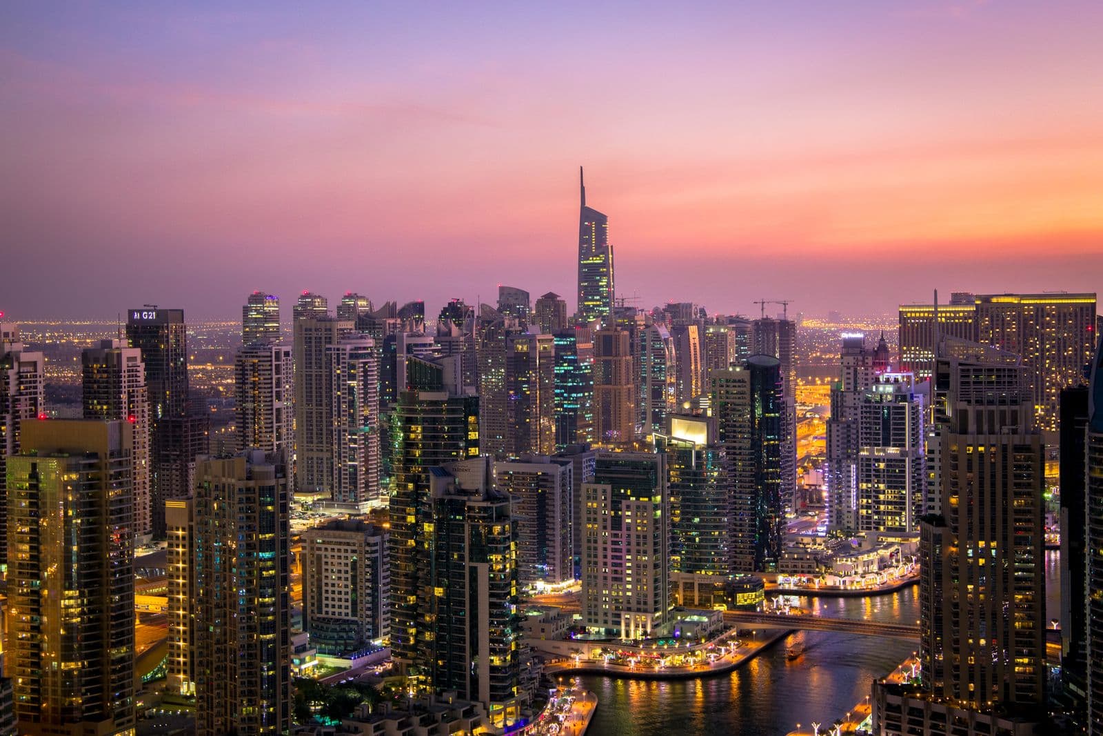 Dubai skyline at dusk overlooking the marina