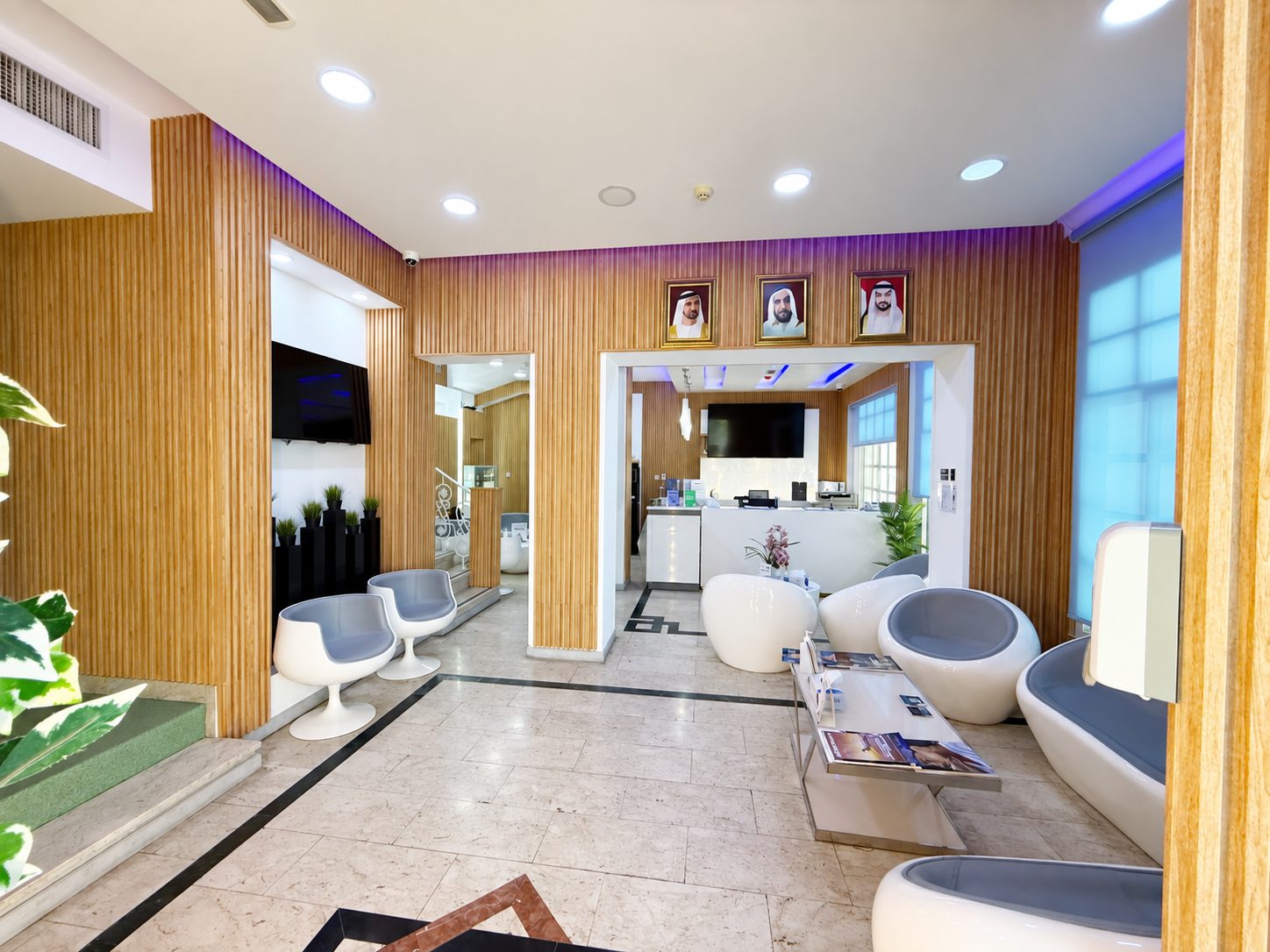 Reception desk and waiting lounge of a poly clinic in Jumeirah, Dubai