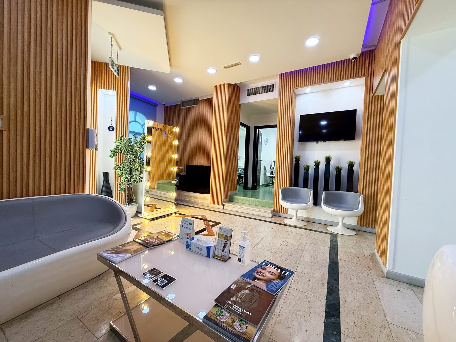 Reception lounge of an insurance-approved poly clinic in Jumeirah, Dubai