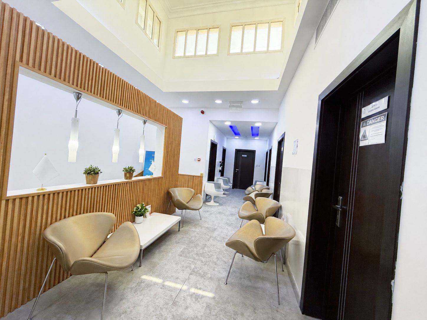 Waiting lounge off the main corridor in a poly clinic in Jumeirah, Dubai